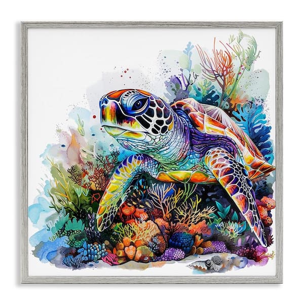 Aquatic Sea Turtle by LSR Design Studio Gray Framed Animal Giclee Art Print 12 in. x 12 in.