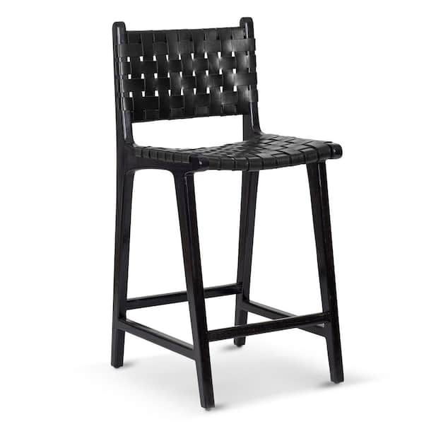 Banda 26 in. Seat Height Black Wood Teak and Leather Counter Height Stool