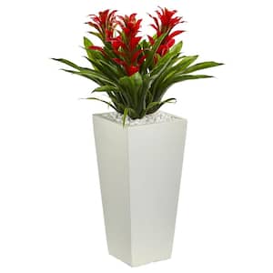 Triple Bromeliad Artificial Plant in White Tower Planter