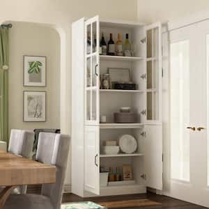 White Wooden MDF (31.5 in. W) Food Pantry Cabinet, Sideboard, Storage Cabinet with 4 Tempered Glass Doors and 5 Shelves