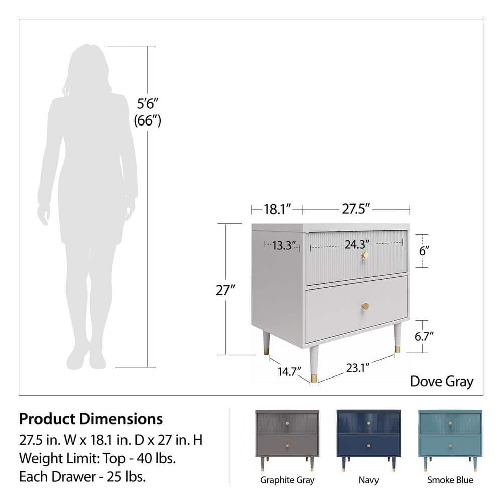 Smoke Blue 2-Drawer Nightstand with Gold Accents