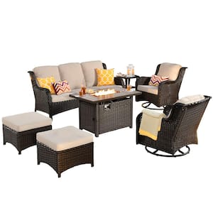 Joyoung Brown 7-Piece Wicker Patio Rectangle Fire Pit Conversation Set with Beige Cushions and Swivel Chairs
