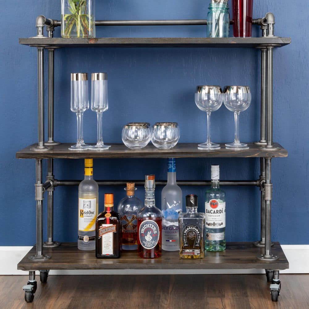 Industrial Black Wood and Steel 3-Tier Bar Cart with Wheels