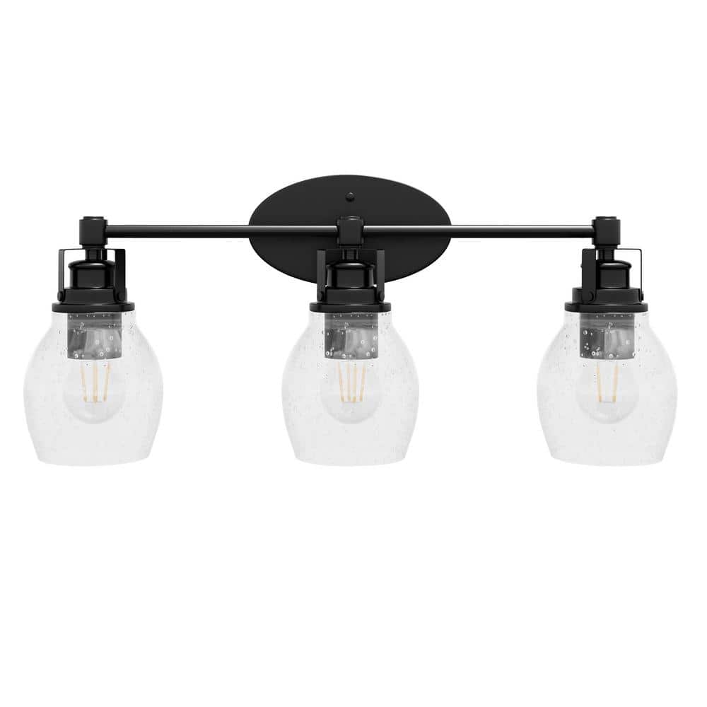 Bathroom 24 in. 3-Light Matte Black Vanity Light Over Mirror with Seeded Gl