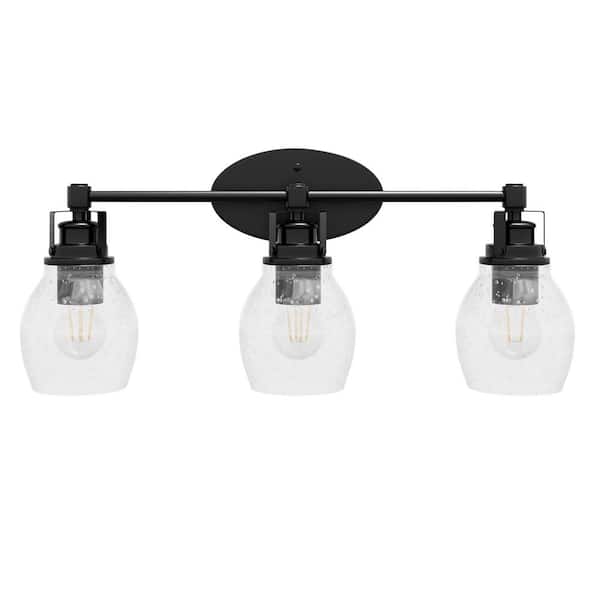 aiwen Bathroom 24 in. 3-Light Matte Black Vanity Light Over Mirror with Seeded Glass Shades