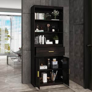 70.8 in. H Coffee Brown Wood 3-Shelf Bookcase Bookshelf With 2-Door Cabinet and Drawer