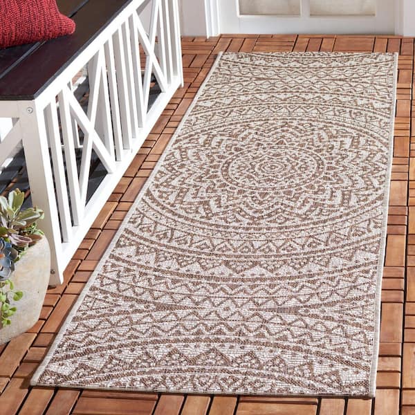 Courtyard Light Beige/Light Brown 2 ft. x 14 ft. Medallion Indoor/Outdoor Runner Rug
