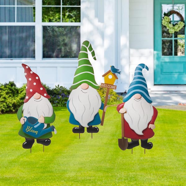 Glitzhome 36 in. H Metal Gnome Yard Stake Wall Decor (2 Function ...