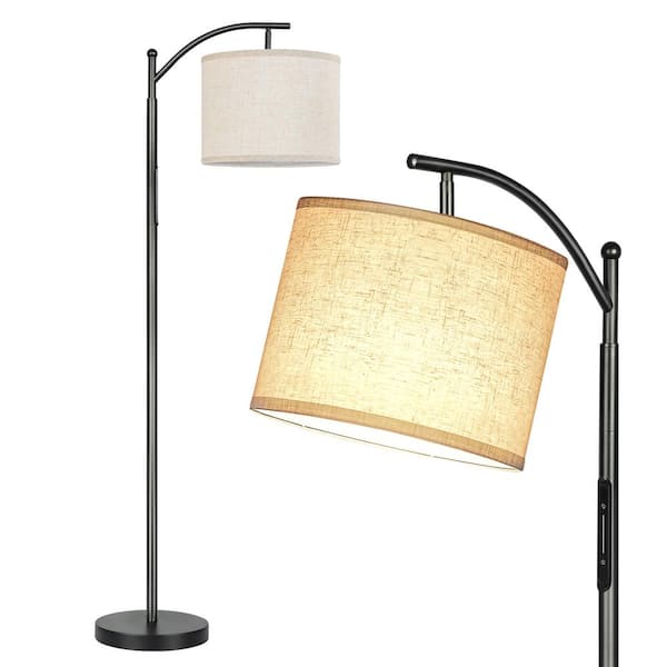 BICIK 63in. Classic Black Mid-Century Modern 1-Light LED Energy Efficient Arc Floor Lamp w/ Beige Fabric Drum Shade and Remote