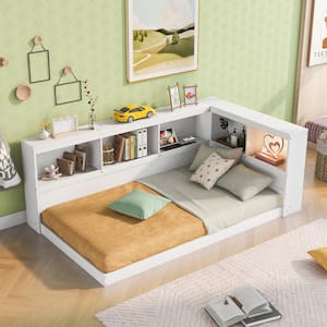 White Twin Size Wood Daybed with 5 Open Cabinets, Charging Station, USB Ports