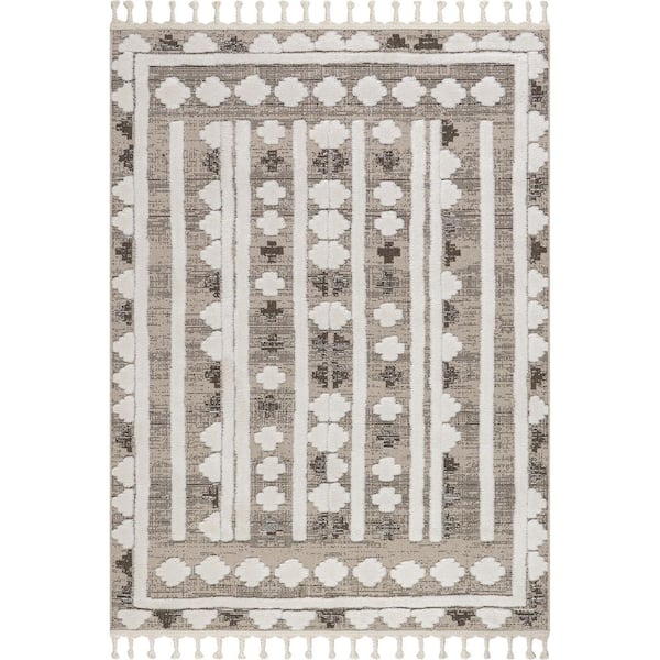 Audience Geometric Tasseled Beige 10 ft. x 13 ft. Indoor/Outdoor Patio Area Rug