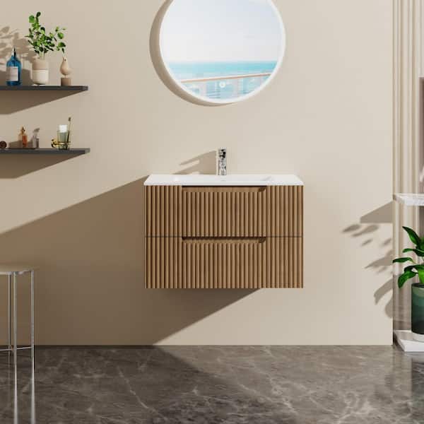 30 in. W Floating Wall Mounted Bath Vanity in Walnut with White Ceramic Top and U-shaped Drawers