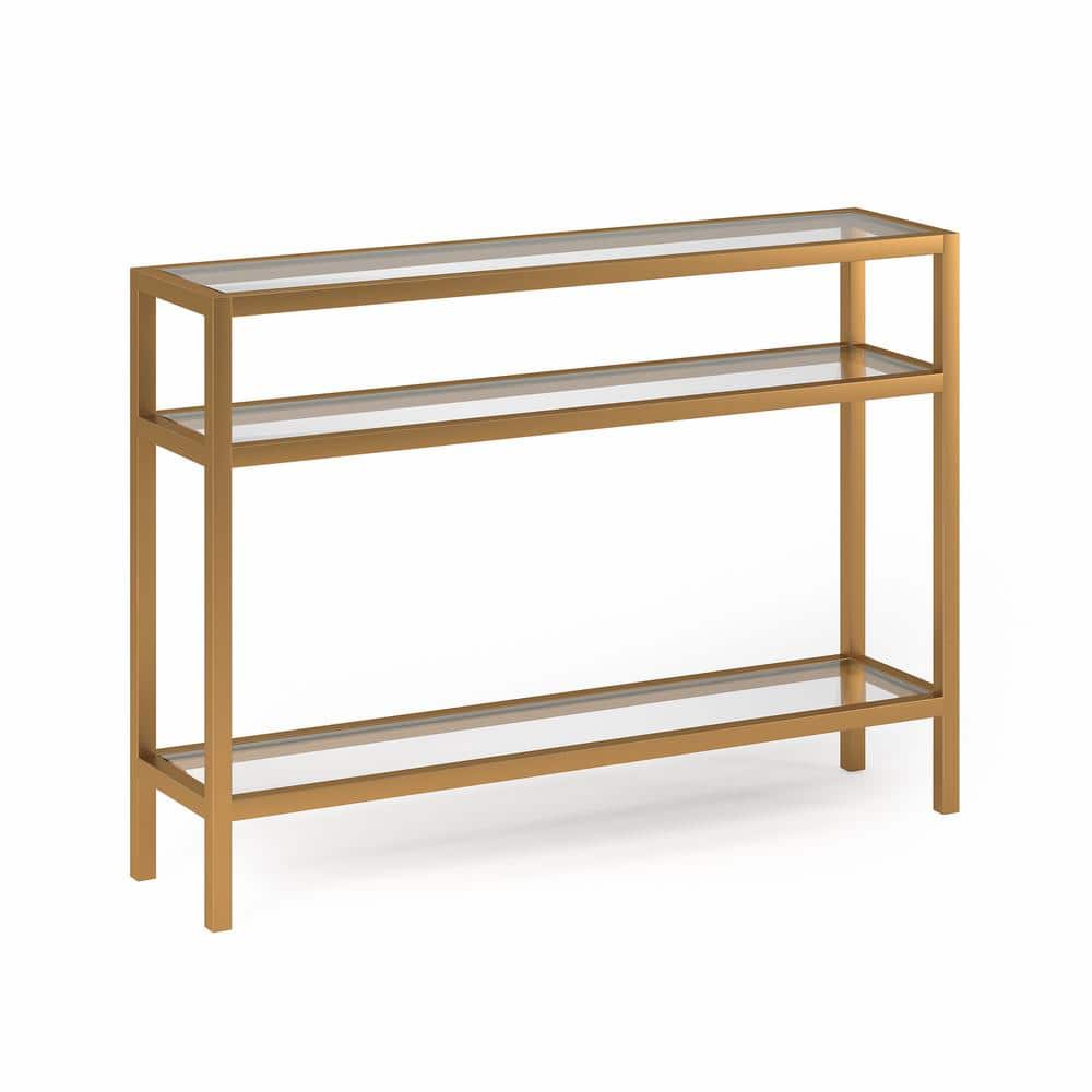 Brass Finish Metal and Glass Console Table with Storage