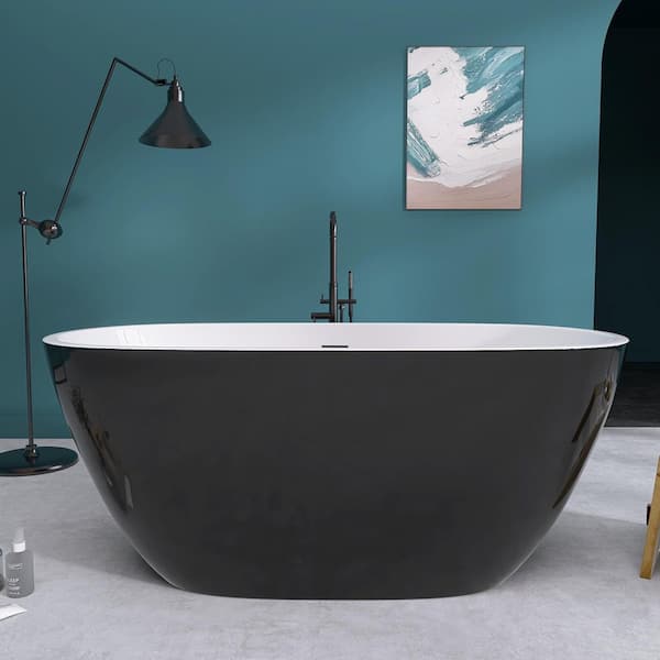 Ema 55 in. x 29.5 in. Acrylic Flatbottom Freestanding Soaking Bathtub with Pop-Up Drain in Glossy Black Stand Alone Tub