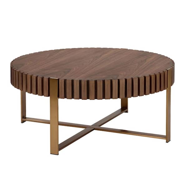 31.5 in. Walnut Brown MDF Wood and Metal Modern Round Outdoor Coffee