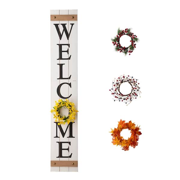Glitzhome 60 in. H Wooden Welcome Porch Sign, with 4 Changable wreathes (Spring/Patriotic /Fall/Christmas )