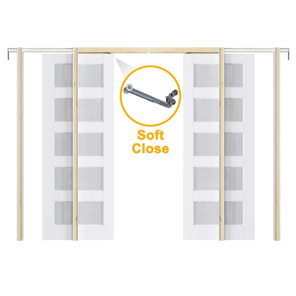 72 in. x 80 in. 5-Lite Frosted Glass White Primed Wood Pocket Door with Pocket Door Hardware Kit (Soft Close Included) price history on PriceWatchPro