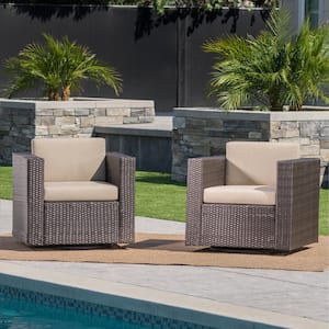 Puerta Dark Brown Swivel Plastic Outdoor Lounge Chair with Beige Cushion (2-Pack)
