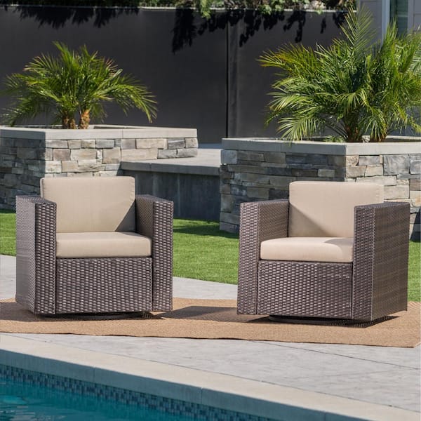 Noble House Puerta Dark Brown Swivel Plastic Outdoor Lounge Chair with Beige Cushion (2-Pack)