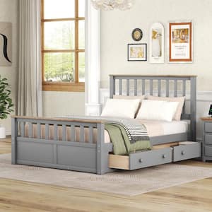 Elegant Gray and Natural Wood Frame Full Size Platform Bed with 2 Drawers
