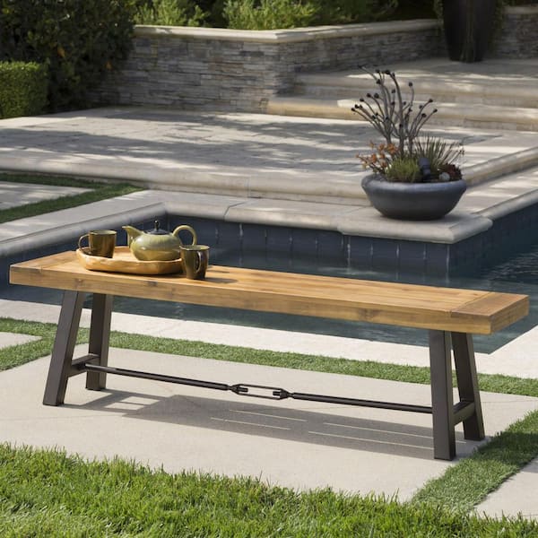 Noble House 63 in. Teak Brown Wood and Metal Outdoor Dining Bench