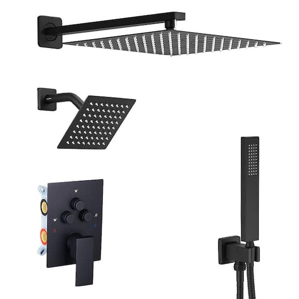 Matte Black 10 in. Wall Mount Rainfall Shower Trim Kit with 2 Shower Heads, Handheld, Push Button Diverter, Valve Body