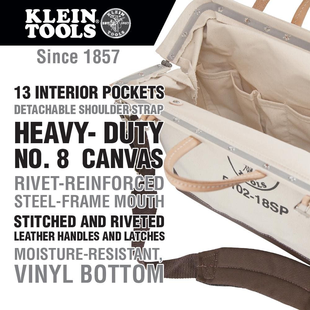 Natural Canvas 18-Inch Tool Bag with 13 Pockets and Vinyl Bottom