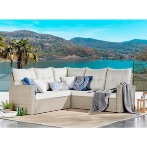 Canaan Brown All-Weather Wicker Outdoor Double Corner Sofa with Cream Cushions