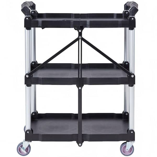 Foldable Utility Service Cart, 3 Shelf 165 lbs. Heavy Duty Plastic Rolling Cart with Lockable Wheels in Black