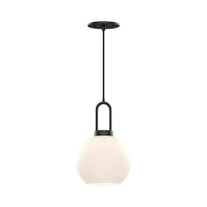 Soji 8 in. 1 Light 60-Watt Matte Black/Opal Matte Glass Pendant Light