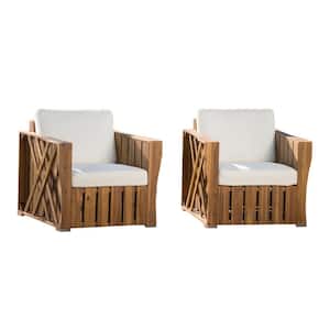 Naturally Stained Farmhouse-Style Wood Outdoor Patio Lounge Chairs with Cream Cushion (2-Pack)