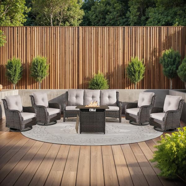 moosprr 6-Piece Brown Wicker Fire Pit Conversation Set with Olefin Beige Cushions and 4 Swivel Glider Chairs and Couch