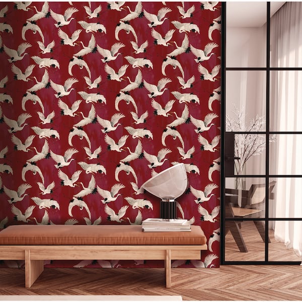 Burgundy Cranes in Flight Print Non Woven Non-Pasted Textured Wallpaper 57 sq. ft.
