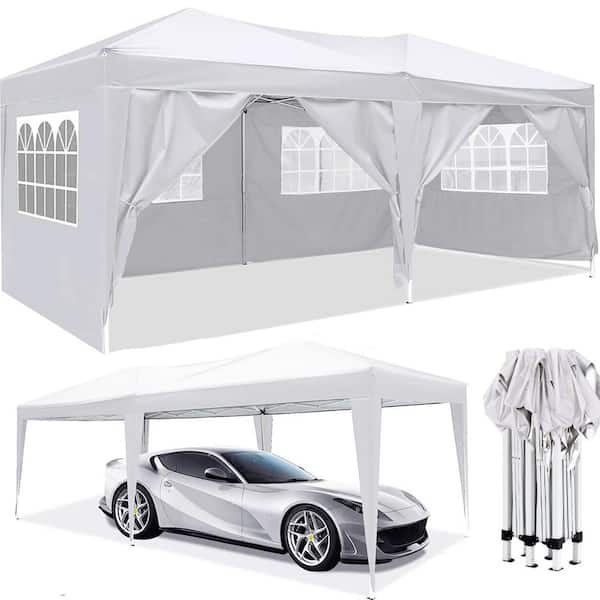 ToolCat 10 ft. x 20 ft. Pop Up Canopy Outdoor Portable Garage Party Folding Tent with 6 Removable Sidewalls + Carry Bag, White