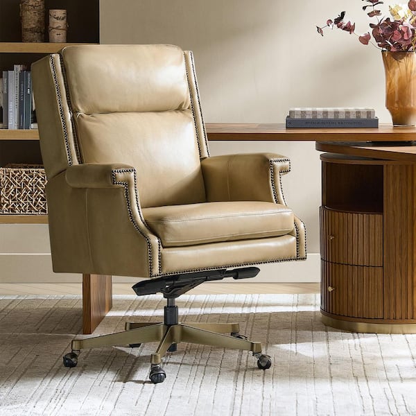 Salvador Genuine Leather Office Chair in Beige with Non-Adjustable Arms