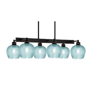 Albany 6 Light Espresso Downlight Chandelier, Linear Chandelier for the Kitchen with Turquoise Glass Shades