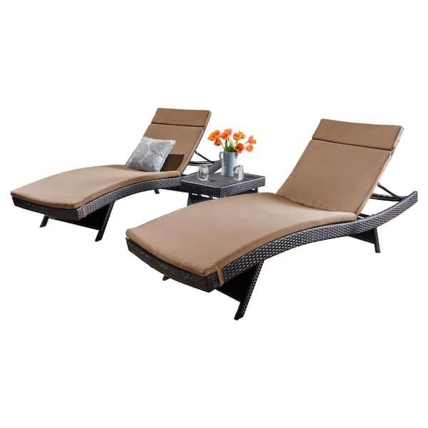 Noble House Salem Multi-Brown 5-Piece Faux Rattan Outdoor Chaise Lounge with Caramel Cushions