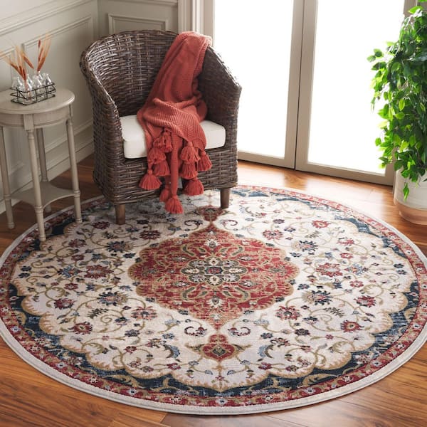 Rosewood 7 ft. x 7 ft. Ivory/Red Medallion Ornate Border Round Area Rug