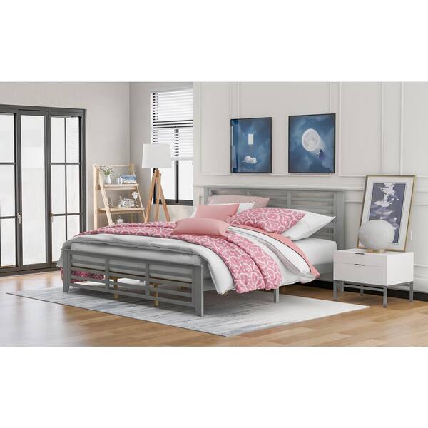 King Size Gray Wooden Panel Bed Frame Antique Sleigh Style w Headboard Footboard 