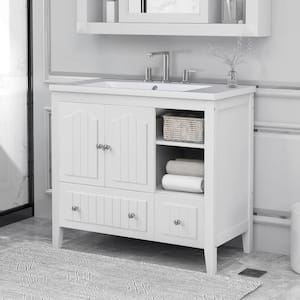 36.00 in. W x 18.03 in. D x 32.13 in . H Solid Wood Freestanding Bath Vanity in White with Ceramic Top Solid Frame