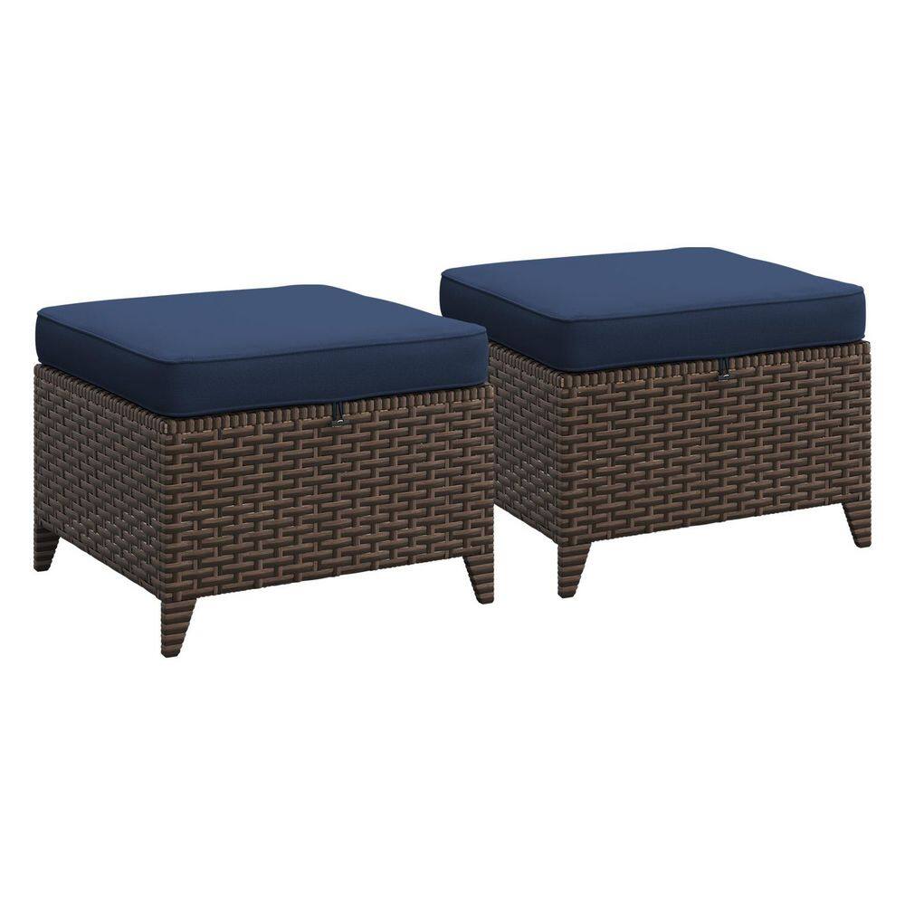 Wicker Outdoor Ottoman with Blue Cushions (Set of 2)