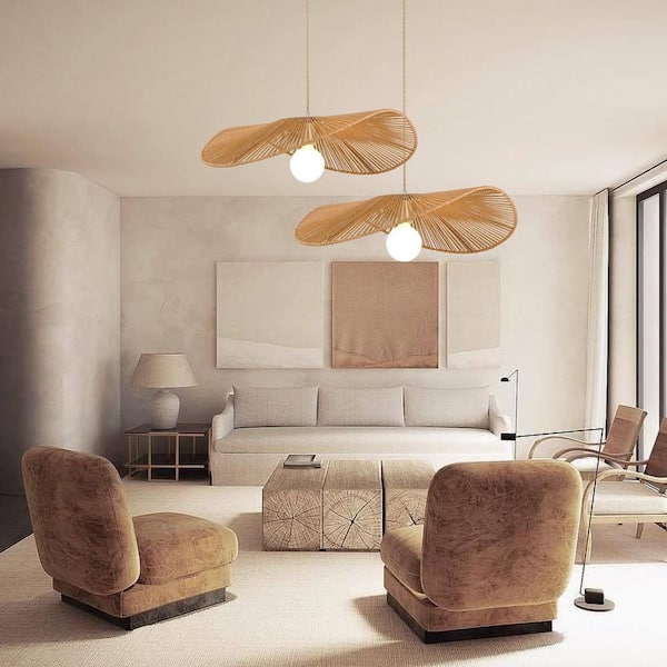 23.82 in. 1-Light Natural Yellow Rattan Coastal Farmhouse Dome Pendant Light for Kitchen Island
