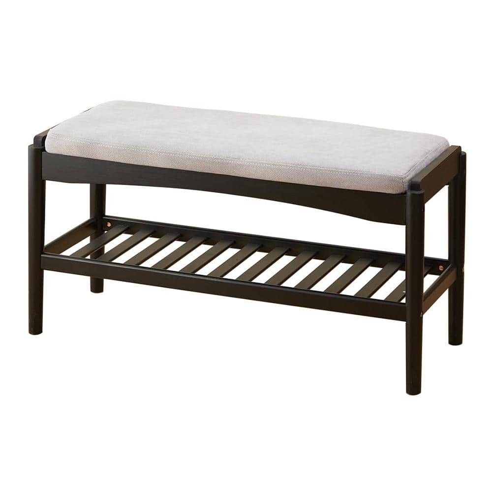 31.5" W Black Bamboo Shoe Storage Bench with Cushion