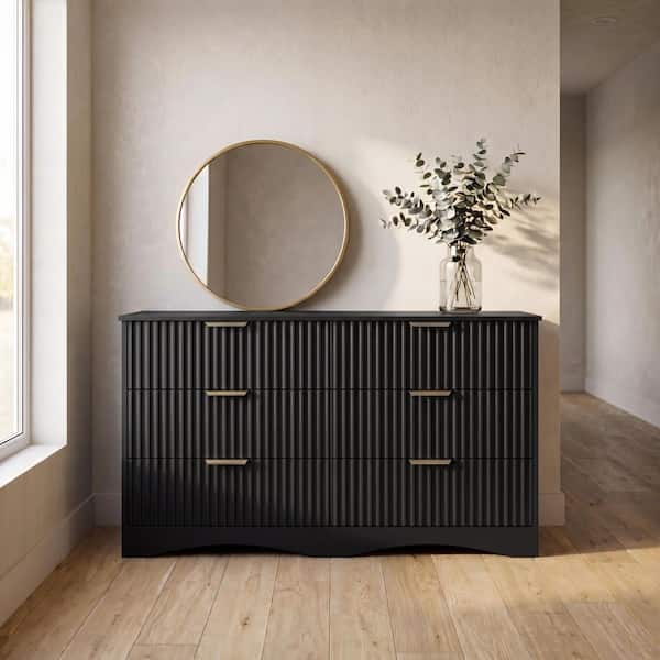 LACOO 47.3 in. W 6-Drawer Fluted Dresser Chest with Gold Handles, Wide Multi-Room Storage Cabinet, Black V-WD-1358-12BK