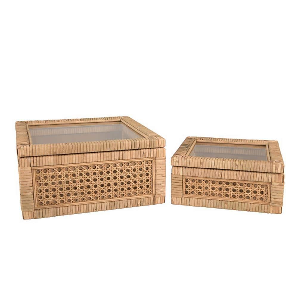 Natural Woven Rattan and Wood Lidded Display Boxes with Glass Lids, Set of 2
