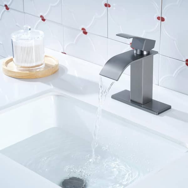 4 in. Centerset Single Handle High Arc Waterfall Bathroom Faucet with Pop Up Drain and Supply Lines in Gray