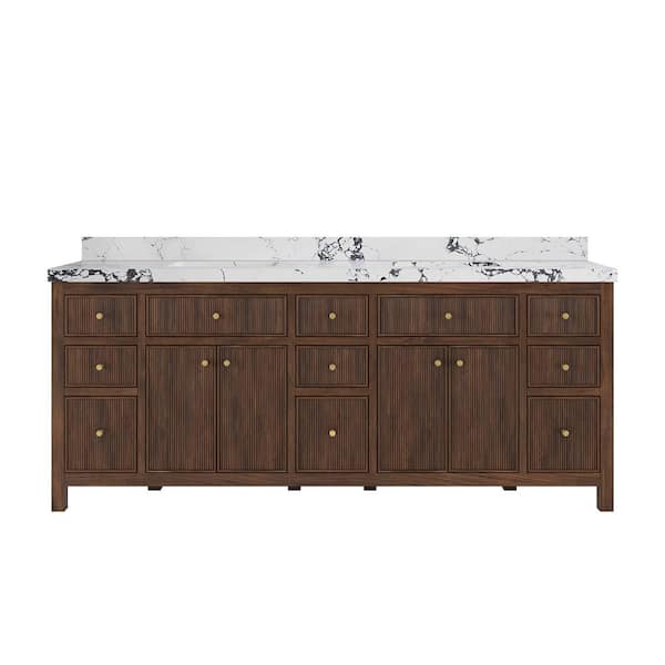 Sonoma Teak 84 in. Double Sink Freestanding Dark Walnut Bath Vanity with Viola Night Quartz Top Unassembled