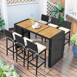Black 7-Piece Wicker Outdoor Dining Table Set Bar Height with Beige Cushions