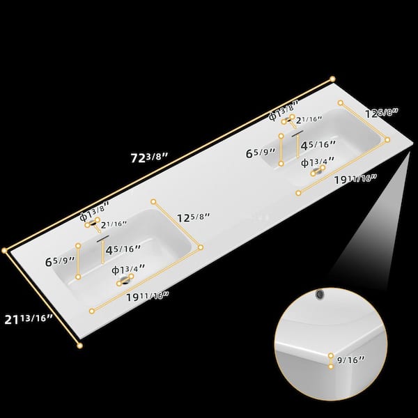 72 in. W x 22 in. D Solid Surface Rectangular Double Sinks Bath Vanity Top in White for 72 in. Bathroom Vanity