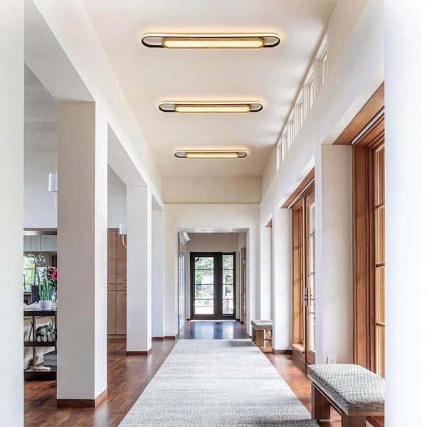 Corenzo 39.3 in. Modern Black Cylinder Long Strip Wood Integrated LED Flush Mount Light